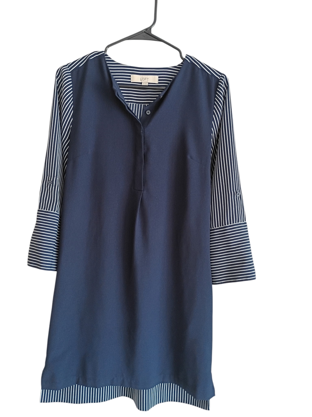LOFT Navy Dress with Striped Sleeve Shift Dress SZ XS